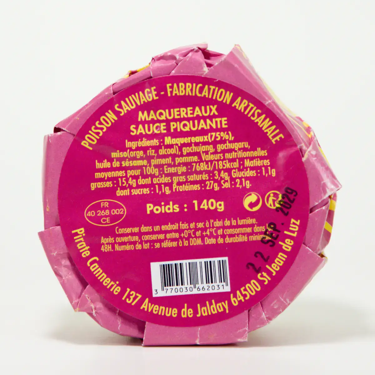 Pirate Cannerie makreel in pikante saus – achterkant met productinformatie