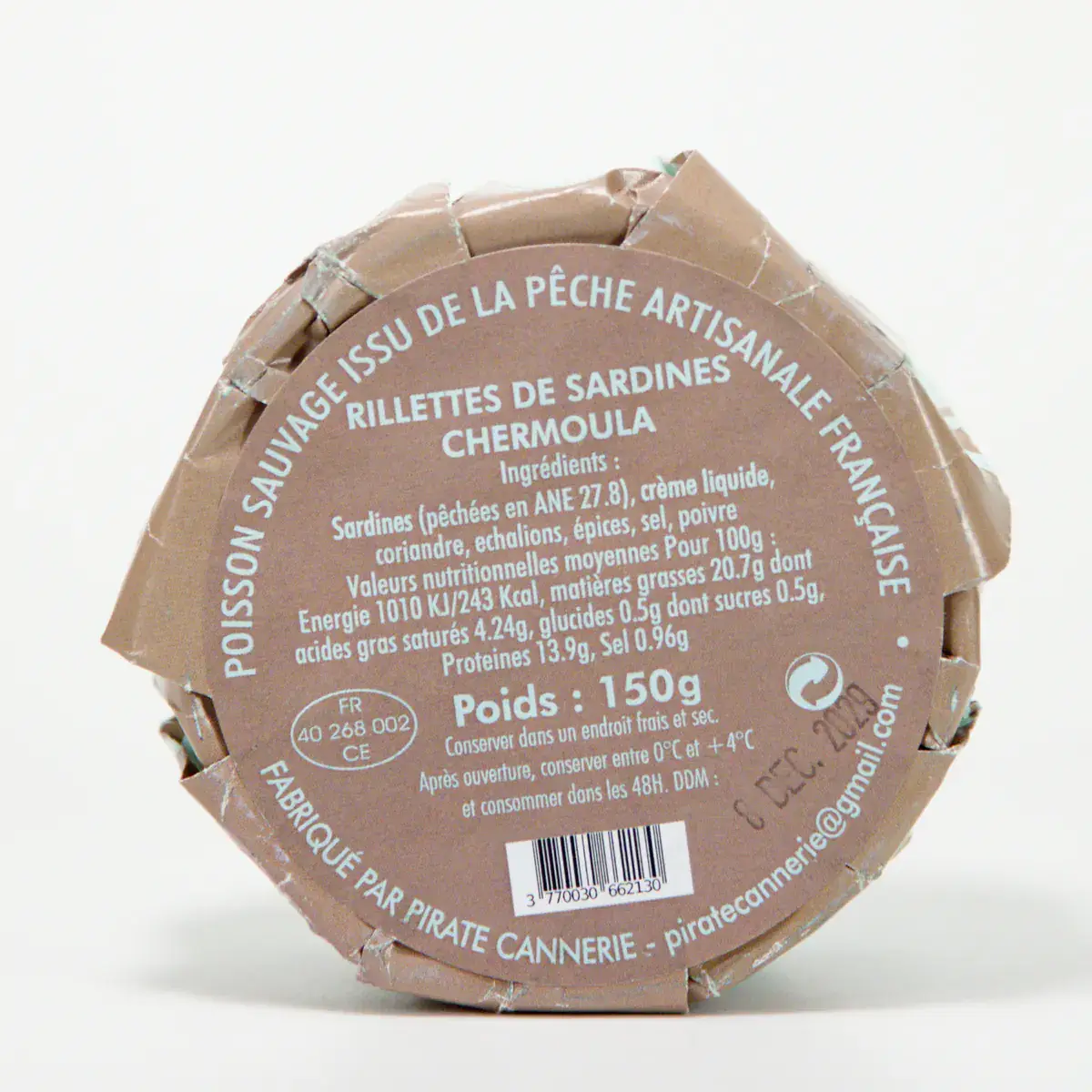 Pirate Cannerie rillettes van sardines met chermoula – achterkant met productinformatie