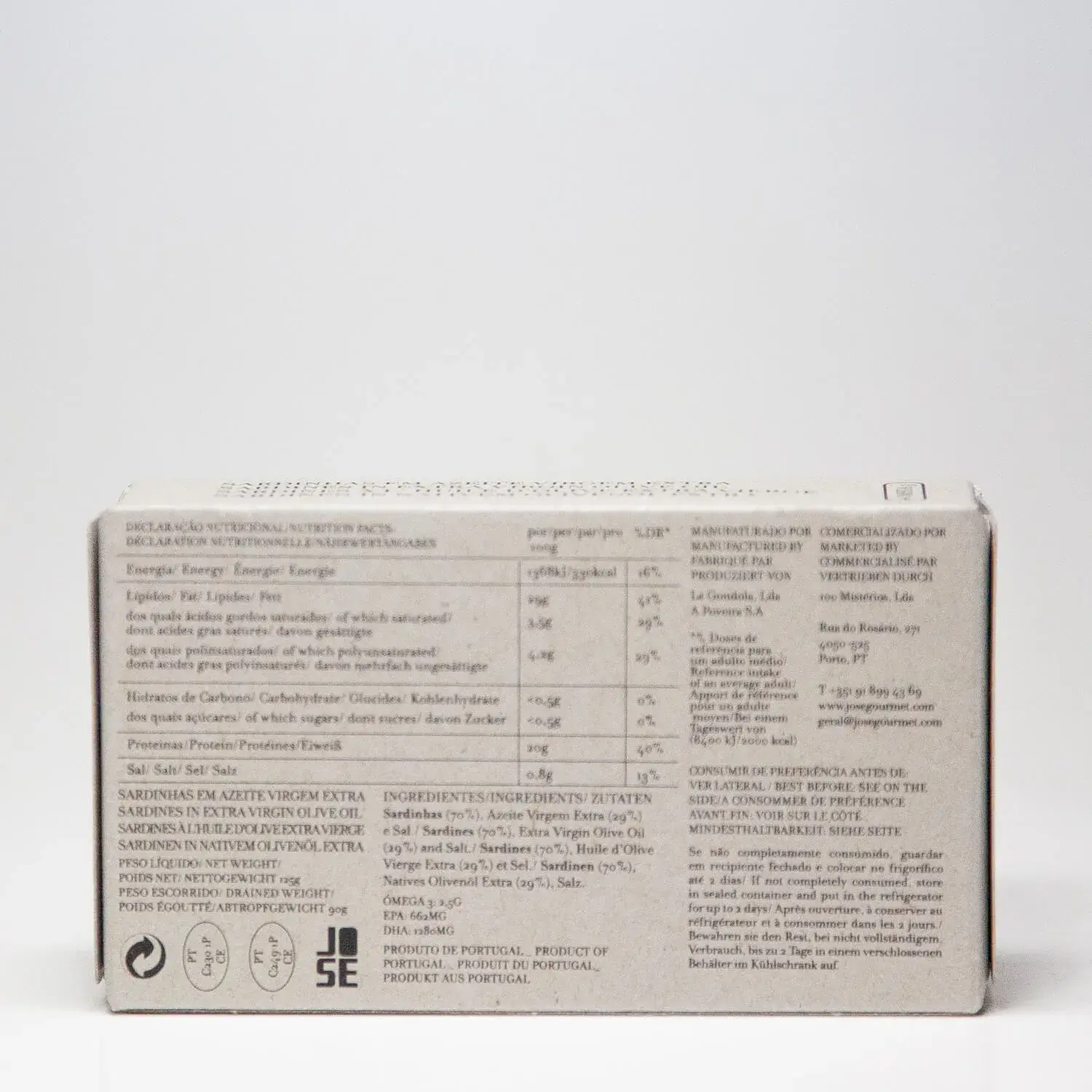 JOSE Gourmet sardines in extra vierge olijfolie – achterkant met productinformatie