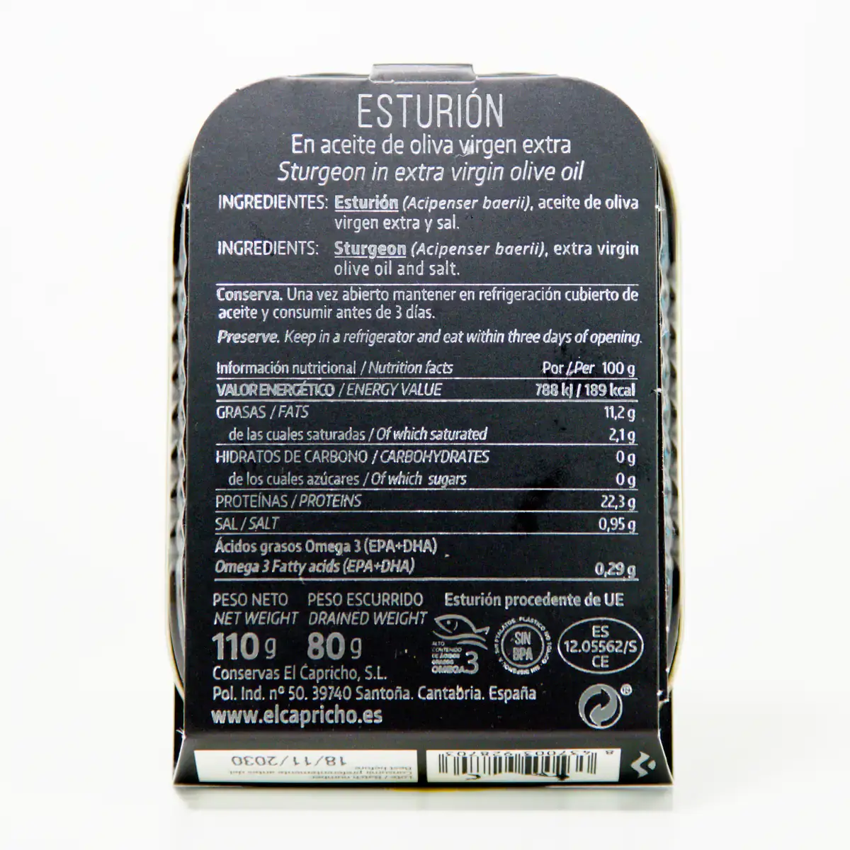 El Capricho steur in extra vierge olijfolie 110g – achterkant met productinformatie